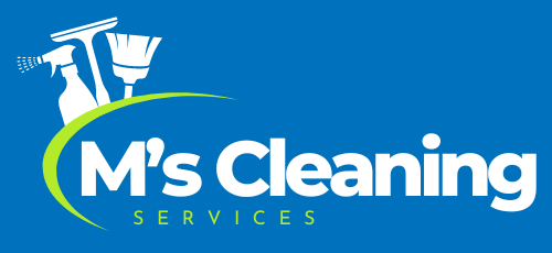 M's Cleaning Service Logo, Blue background, white writing and green highlights